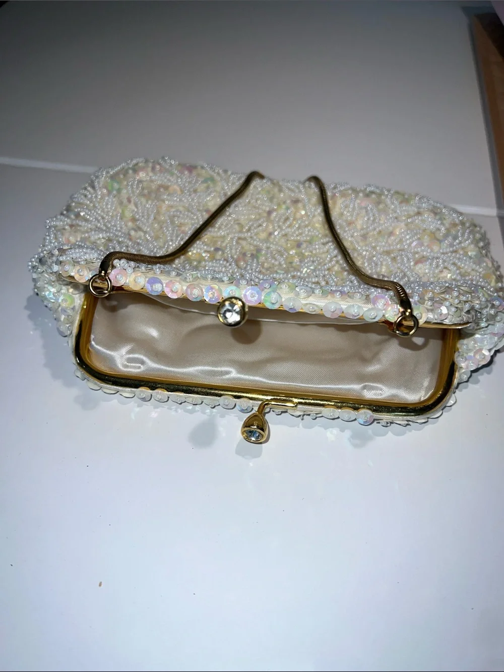 Source Unknown Ivory Pearl & Sequin Beaded Evening Clutch Vintage 1950s